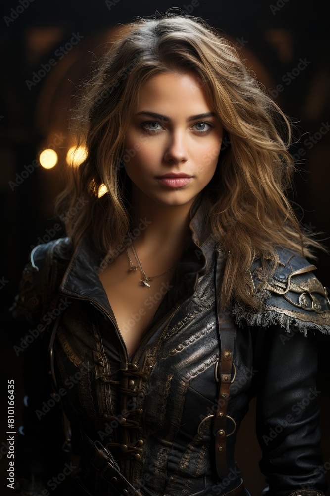 Fototapeta premium Mysterious woman in dark leather jacket