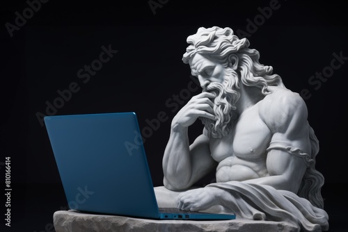 Statue of Poseidon using a laptop, blending ancient mythology with modern technology. This surreal image juxtaposes classical sculpture with vibrant blue, themes of old meets new photo