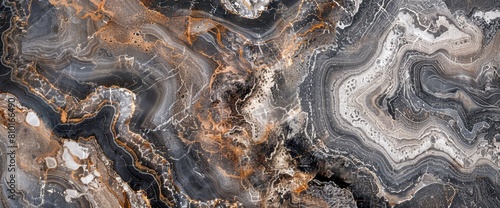 High-quality panorama showcasing the intricate patterns of natural marble with contrasting dark and light layers, perfect for luxurious background or abstract design elements