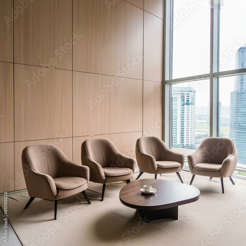 Lobby interior with armchairs in row and coffee table  window. Mock up wall