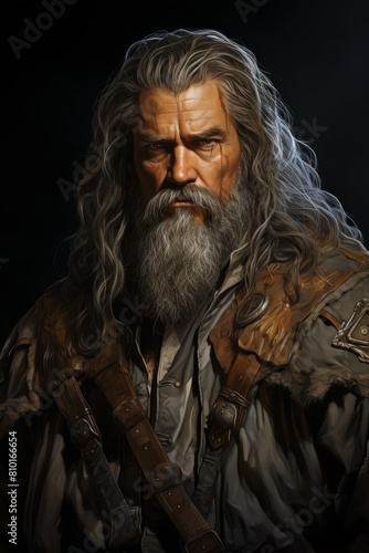Rugged adventurer with long beard and weathered face