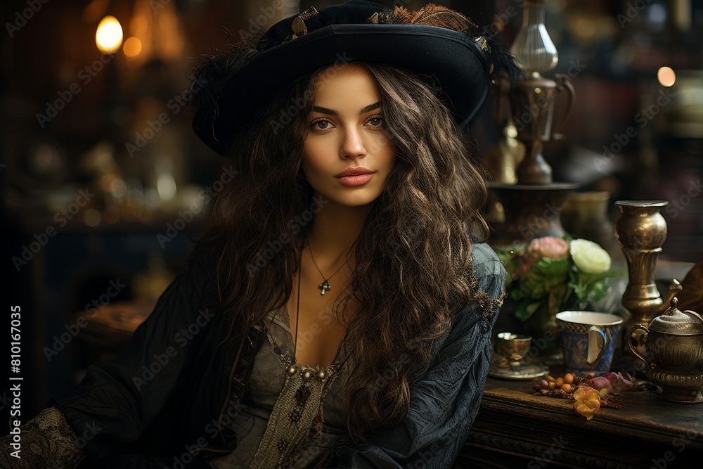 Fototapeta premium Mysterious woman in vintage clothing