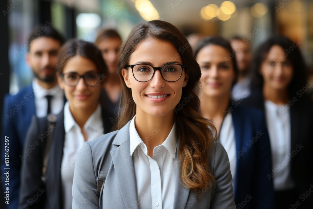 Fototapeta premium Smiling businesswoman with team in background
