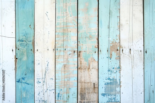 Rustic, weathered wooden boards with peeling light blue paint, showcasing a variety of textures and patterns, ideal for backgrounds or design elements in vintage or shabby chic aesthetics photo