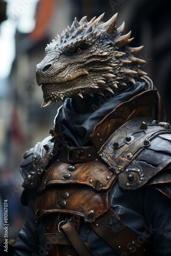 Fierce fantasy dragon warrior in battle armor