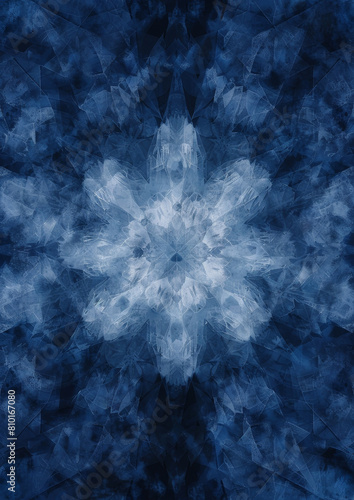 Sharp  crystal-like geometric shapes form a vibrant blue symmetrical design.