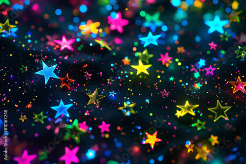 Glowing Neon Stars, Colorful Seamless Background