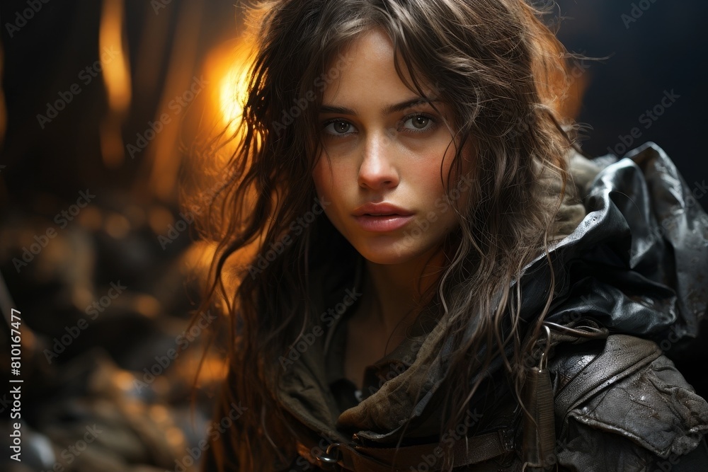 Serious young woman with dark hair and intense expression Serious young woman with dark hair and intense expression