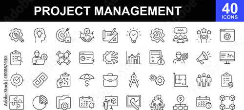 Project management icon set. Contains such icons as schedule, human resource, management, development, planning, strategy and more. Time management and planning concept