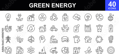 Green energy icon set. Collection of renewable energy, ecology and green electricity icons. Ecology concept.Contains such icons as CO2 neutral, solar, geothermal and wind energy and more