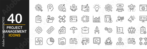 Project management icon set. Contains such icons as schedule, human resource, management, development, planning, strategy and more. Time management and planning concept