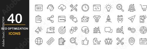 SEO optimization icon set. Search engine optimization. Contains such icons as search engine optimization, target, keywording and content development and more. Vector illustration