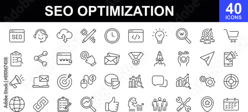 SEO optimization icon set. Search engine optimization. Contains such icons as search engine optimization, target, keywording and content development and more. Vector illustration