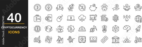 Cryptocurrency icon set. Blockchain technology icon set. Contains such icons as bitcoin, wallet, chip, mining, cryptography, exchange, payment and more. Vector illustration