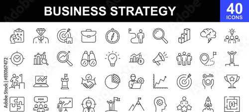 Business strategy icon set. Contains such icons as action list, research, solution, team, marketing, startup, advertising, business process, management and more