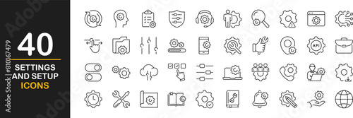 Setting and setup icon set. UI icon set. Contains such icons as gear, adjustments, setup, preferences, containing options, controls, service, operation icons and more. Vector illustration