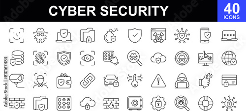 Cyber security icon set. Computer and internet security symbols icons set. Contains such icons as data protection, spam, security, antivirus, password, privacy, padlock, hacker and more