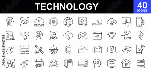 Technology icon set. Contains such icons as ai, robotics, cloud, automation, communication, geolocation, 5G, programming and more. Vector illustration