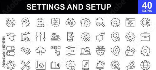 Setting and setup icon set. UI icon set. Contains such icons as gear, adjustments, setup, preferences, containing options, controls, service, operation icons and more. Vector illustration