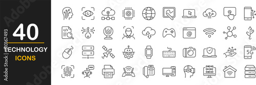 Technology icon set. Contains such icons as ai, robotics, cloud, automation, communication, geolocation, 5G, programming and more. Vector illustration
