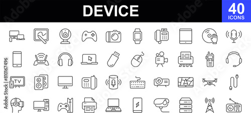 Device icon set. Contains such icons as smart devices, technology, computer monitor, smartphone, electronic devices and gadgets, tablet, laptop, drone and more. Vector illustration