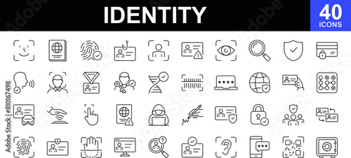 Identity icon set. Identity web icons in line style. Contains such icons as ID card, verification, document, fingerprint, identification, passport, DNA and more. Vector illustration