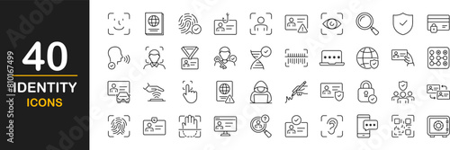 Identity icon set. Identity web icons in line style. Contains such icons as ID card, verification, document, fingerprint, identification, passport, DNA and more. Vector illustration