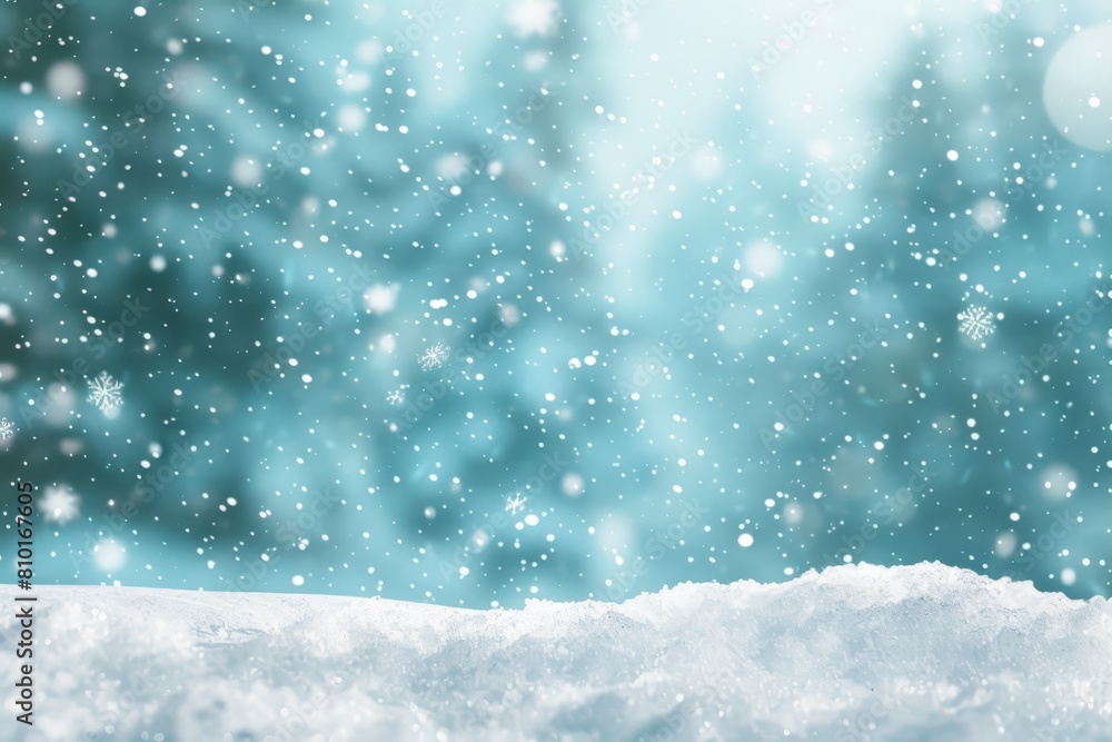 Obraz premium Serene winter background capturing the essence of the season with delicate snowflakes falling gently against a soft, blurred forest backdrop, evoking a peaceful, cold, and tranquil atmosphere