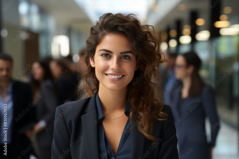 Confident businesswoman with curly hair smiling