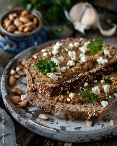 Slices of bread with feta cheese  nuts and parsley