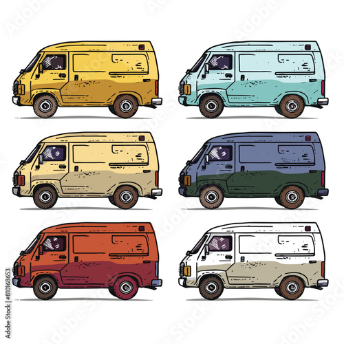 Six retro vans handdrawn illustrations, various colors, vintage vehicles side view, urban transport themed artwork. Colorful oldstyle vans collection, isolated white background, grunge texture