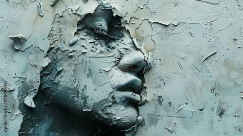 A sculpture of a woman's face is slowly emerging from a wall. photo