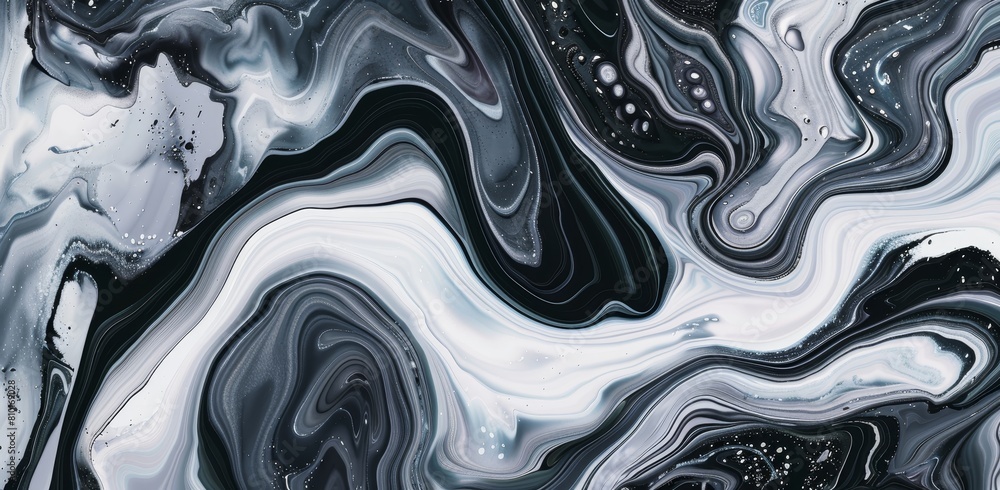 Obraz premium High-resolution image capturing the intricate patterns of a monochrome marble texture with waves of black, white, and gray, ideal for elegant backgrounds or creative graphic design elements