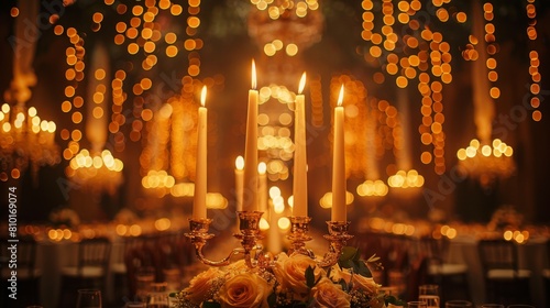 gothic wedding decor, elegant candelabras with candles and ivy as centerpieces create a warm and intimate ambiance over the reception tables photo