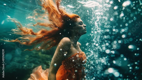 Underwater portrait of woman with flowing red hair, dressed as a mermaid. Ethereal and mystical underwater scene