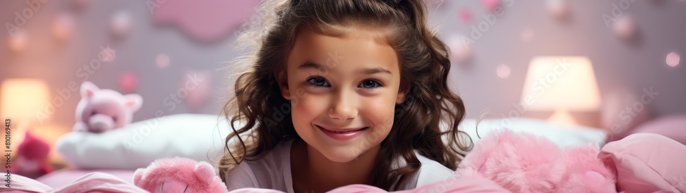 young girl smiling on bed with toys young girl smiling on bed with toys
