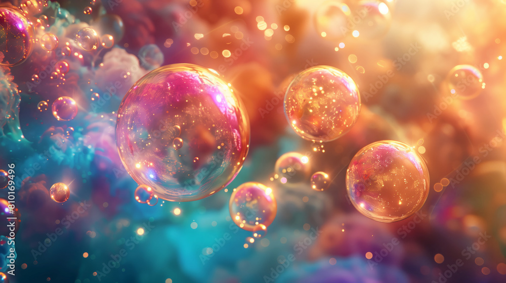 A abstract vibrant background of floating bubbles, with a glowing core and shimmering edges, creating an enchantment atmosphere A abstract vibrant background of floating bubbles, with a glowing core and shimmering edges, creating an enchantment atmosphere