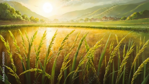 A serene morning illuminates a lush paddy field in a valley, casting a warm glow. Rolling hills and a quaint village complete the tranquil scene. photo