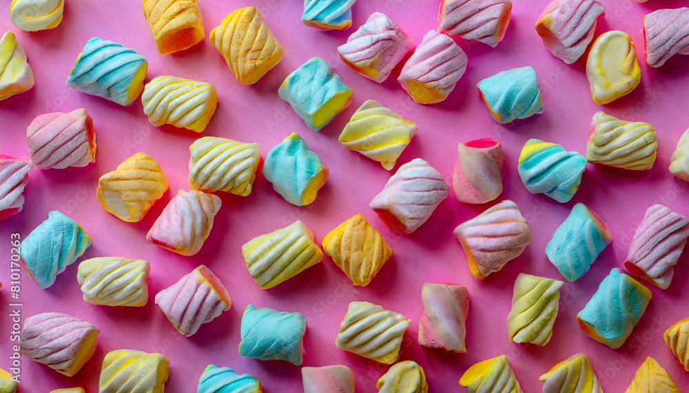 Fototapeta premium Abstract texture with mini marshmallows on pink background. Sweet sugar dessert food top view