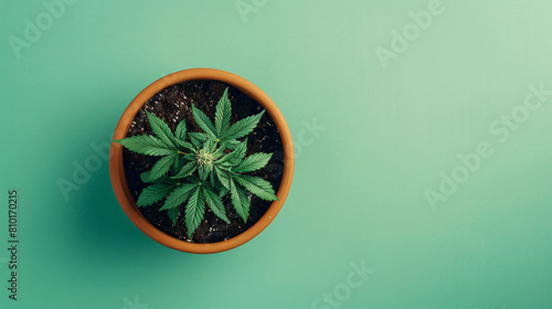 Hemp in pot on green background top view