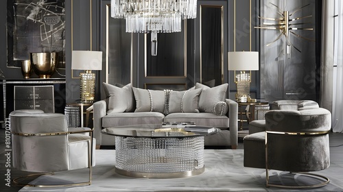 glamorous living room with metallic accents, crystal chandeliers, and luxurious velvet furniture photo