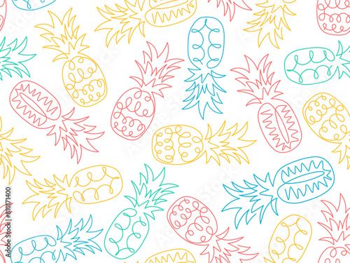 Abstract colored pineapple seamless pattern. Tropical exotic fruit. Summer background. Doodle funny outline drawn ananas 