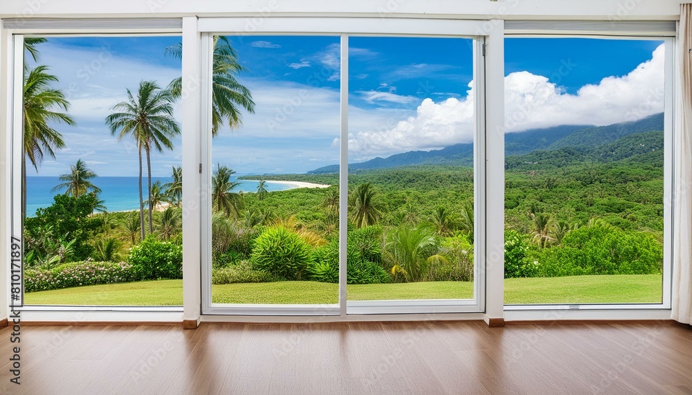 Modern home empty living room interior and panoramic window on tropics