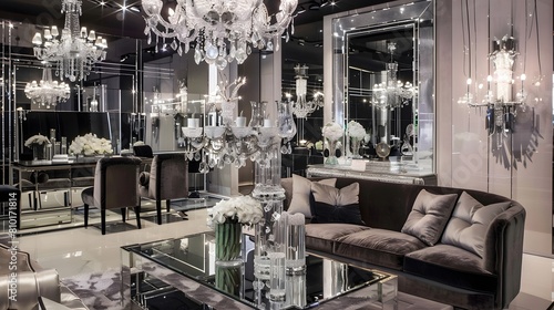  glamorous living room with mirrored furniture  velvet upholstery  and crystal chandeliers