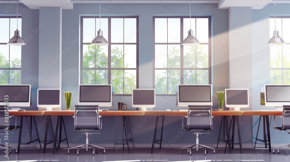 Modern coworking interior with tables and pc desktops, panoramic window realistic