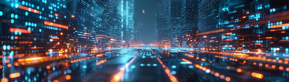 Fototapeta premium The city of the future with flying cars and holographic advertisements.