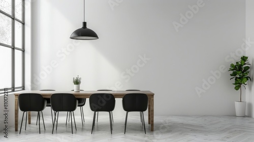 Modern dining room interior with a wooden table, black chairs, and a pendant lamp. Black and white background, minimalist concept. 3D Rendering realistic photo