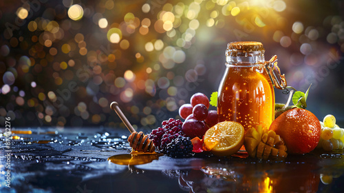 Honey with fruits on dark background. Rosh hashanah  photo