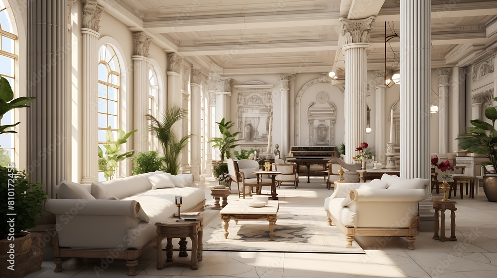 Construct a classical Greekinspired living room with marble accents