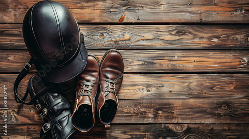 Horse riding helmet and boots with crop on wooden background photo